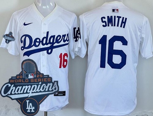 Men's Los Angeles Dodgers #16 Will Smith White 2025 World Series Champions Limitedd Jersey