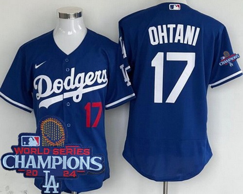 Men's Los Angeles Dodgers #17 Shohei Ohtani Blue 2024 World Series Champions Authentic Jersey