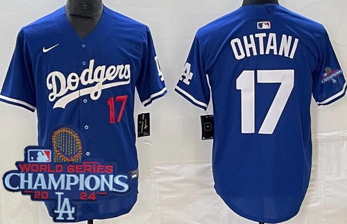 Men's Los Angeles Dodgers #17 Shohei Ohtani Blue 2024 World Series Champions Limited Jersey
