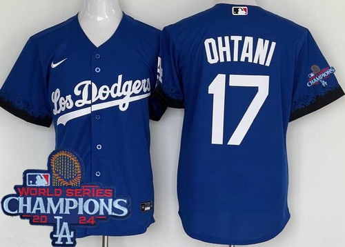 Men's Los Angeles Dodgers #17 Shohei Ohtani Blue City 2024 World Series Champions Cool Base Jersey