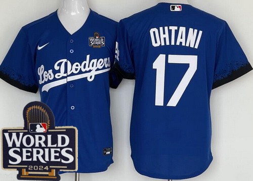 Men's Los Angeles Dodgers #17 Shohei Ohtani Blue City 2024 World Series Cool Base Jersey