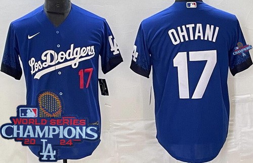 Men's Los Angeles Dodgers #17 Shohei Ohtani Blue City Player Number 2024 World Series Champions Cool Base Jersey
