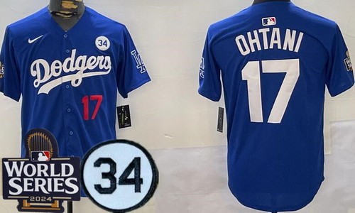 Men's Los Angeles Dodgers #17 Shohei Ohtani Blue Fernando Patch 2024 World Series Limited Jersey