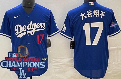 Men's Los Angeles Dodgers #17 Shohei Ohtani Blue Japanese Player Number 2024 World Series Champions Cool Base Jersey