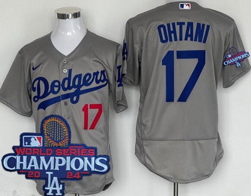 Men's Los Angeles Dodgers #17 Shohei Ohtani Gray 2024 World Series Champions Authentic Jersey