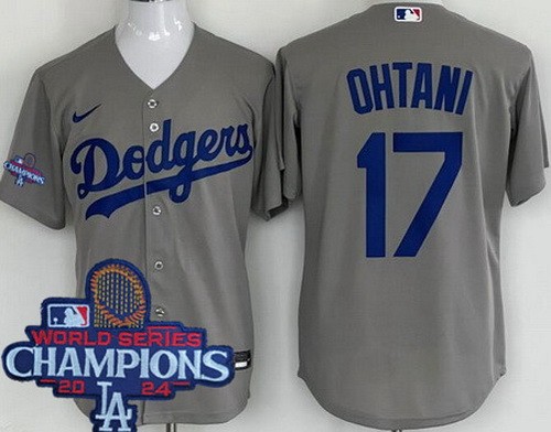 Men's Los Angeles Dodgers #17 Shohei Ohtani Gray 2024 World Series Champions Cool Base Jersey