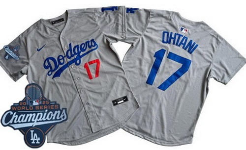 Men's Los Angeles Dodgers #17 Shohei Ohtani Gray 2025 World Series Champions Limited Cool Base Jersey