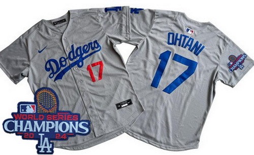 Men's Los Angeles Dodgers #17 Shohei Ohtani Gray Limited 2024 World Series Champions Cool Base Jersey