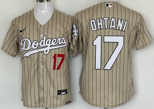 Men's Los Angeles Dodgers #17 Shohei Ohtani Khaki Stripes Cool Base Jersey