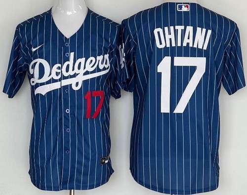 Men's Los Angeles Dodgers #17 Shohei Ohtani Navy Stripes Player Number Cool Base Jersey