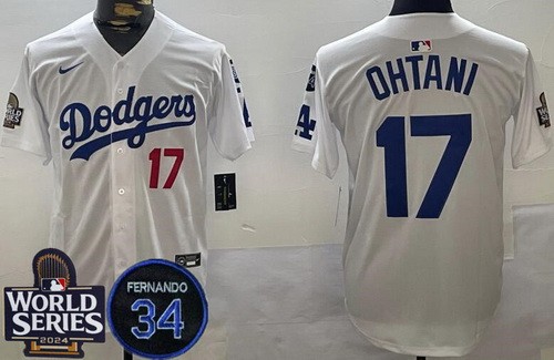 Men's Los Angeles Dodgers #17 Shohei Ohtani White 2024 World Series Fernando Patch Limited Jersey