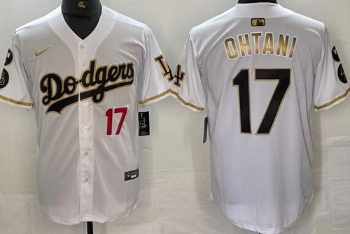 Men's Los Angeles Dodgers #17 Shohei Ohtani White Gold Player Number Cool Base Jersey