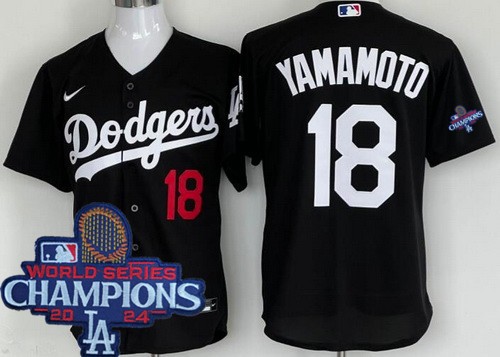 Men's Los Angeles Dodgers #18 Yoshinobu Yamamoto Black 2024 World Series Champions Cool Base Jersey