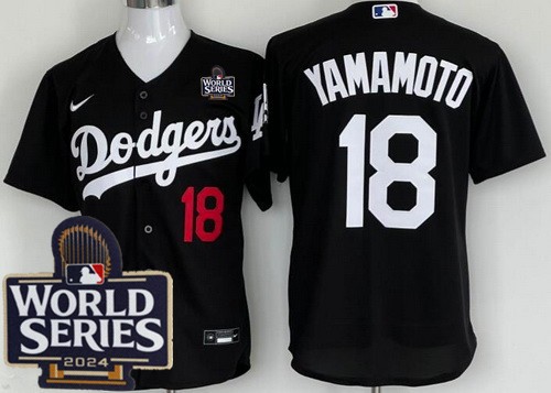 Men's Los Angeles Dodgers #18 Yoshinobu Yamamoto Black 2024 World Series Cool Base Jersey