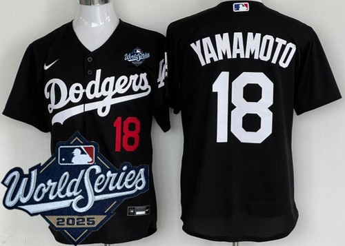 Men's Los Angeles Dodgers #18 Yoshinobu Yamamoto Black 2025 World Series Cool Base Jersey
