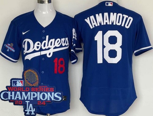 Men's Los Angeles Dodgers #18 Yoshinobu Yamamoto Blue 2024 World Series Champions Authentic Jersey