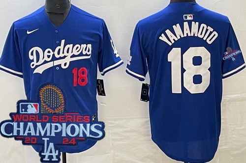 Men's Los Angeles Dodgers #18 Yoshinobu Yamamoto Blue 2024 World Series Champions Limited Jersey