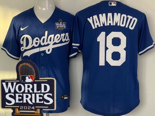 Men's Los Angeles Dodgers #18 Yoshinobu Yamamoto Blue 2024 World Series Cool Base Jersey
