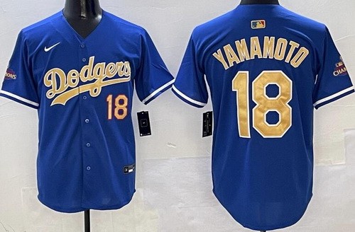 Men's Los Angeles Dodgers #18 Yoshinobu Yamamoto Blue 2025 Gold Collection Limited Jersey