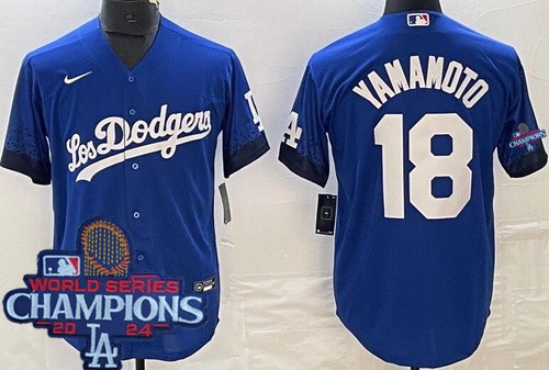 Men's Los Angeles Dodgers #18 Yoshinobu Yamamoto Blue City 2024 World Series Champions Cool Base Jersey