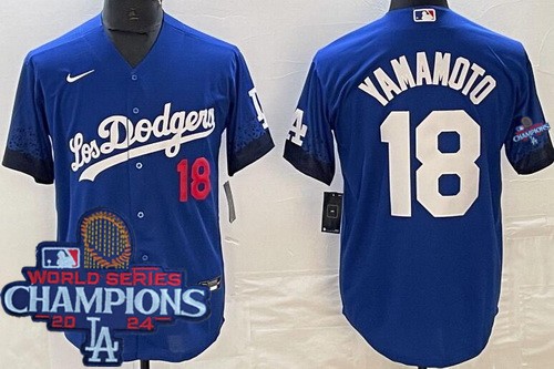 Men's Los Angeles Dodgers #18 Yoshinobu Yamamoto Blue City Player Number 2024 World Series Champions Cool Base Jersey