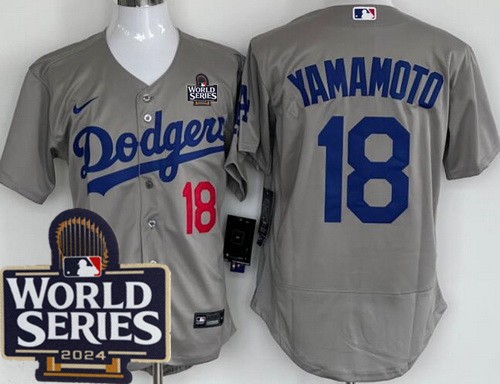 Men's Los Angeles Dodgers #18 Yoshinobu Yamamoto Gray 2024 World Series Authentic Jersey