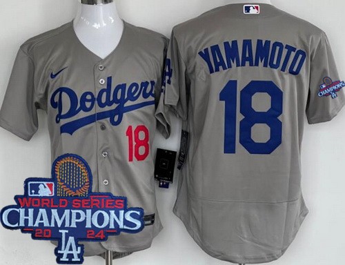 Men's Los Angeles Dodgers #18 Yoshinobu Yamamoto Gray 2024 World Series Champions Authentic Jersey