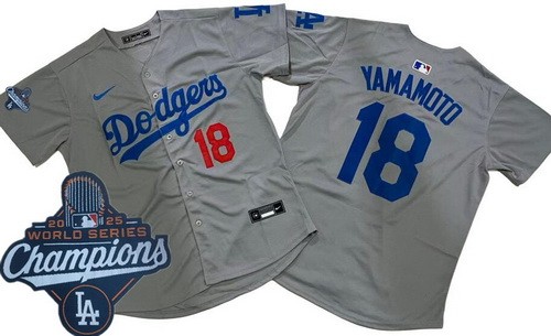 Men's Los Angeles Dodgers #18 Yoshinobu Yamamoto Gray 2025 World Series Champions Limited Jersey