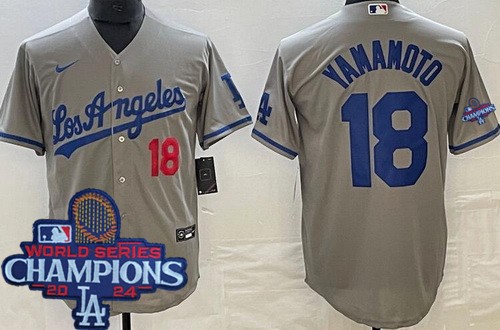 Men's Los Angeles Dodgers #18 Yoshinobu Yamamoto Gray Alternate 2024 World Series Champions Cool Base Jersey