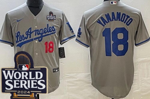 Men's Los Angeles Dodgers #18 Yoshinobu Yamamoto Gray Alternate 2024 World Series Cool Base Jersey