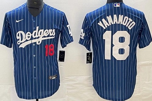 Men's Los Angeles Dodgers #18 Yoshinobu Yamamoto Navy Stripes Player Number Cool Base Jersey