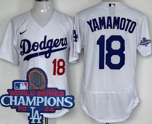 Men's Los Angeles Dodgers #18 Yoshinobu Yamamoto White 2024 World Series Champions Authentic Jersey