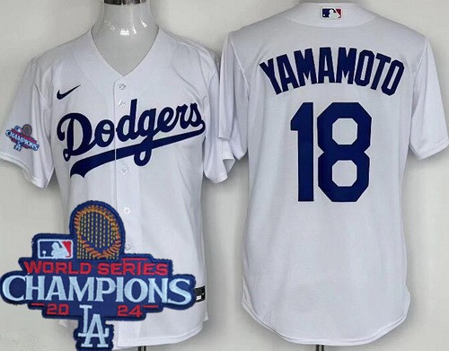 Men's Los Angeles Dodgers #18 Yoshinobu Yamamoto White 2024 World Series Champions Cool Base Jersey