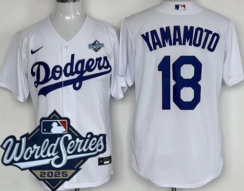 Men's Los Angeles Dodgers #18 Yoshinobu Yamamoto White 2025 World Series Cool Base Jersey
