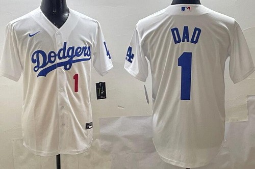 Men's Los Angeles Dodgers #1 Dad White Player Number Team Logo Cool Base Jersey