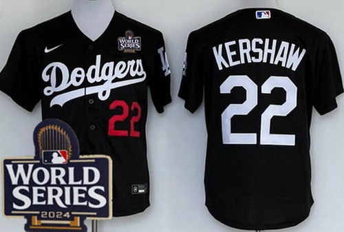 Men's Los Angeles Dodgers #22 Clayton Kershaw Black 2024 World Series Cool Base Jersey