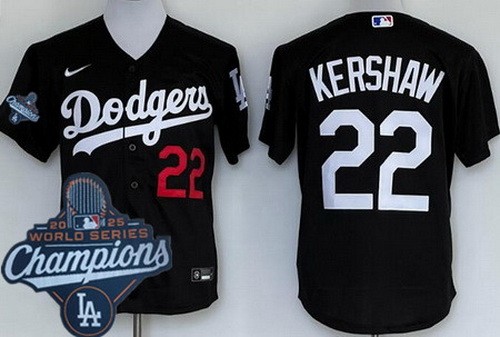 Men's Los Angeles Dodgers #22 Clayton Kershaw Black 2025 World Series Champions Cool Base Jersey