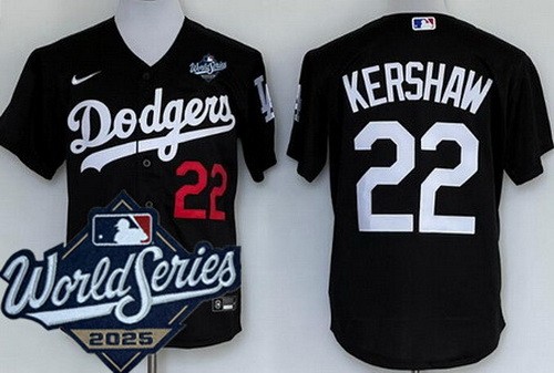 Men's Los Angeles Dodgers #22 Clayton Kershaw Black 2025 World Series Cool Base Jersey