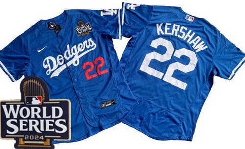 Men's Los Angeles Dodgers #22 Clayton Kershaw Blue 2024 World Series Authentic Jersey