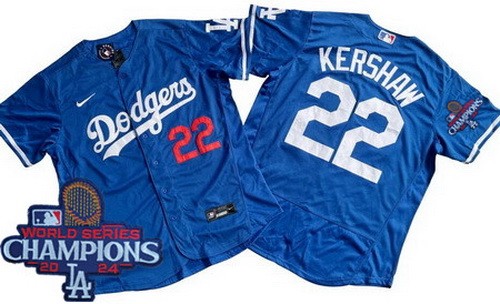 Men's Los Angeles Dodgers #22 Clayton Kershaw Blue 2024 World Series Champions Authentic Jersey