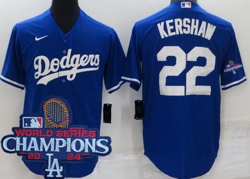 Men's Los Angeles Dodgers #22 Clayton Kershaw Blue 2024 World Series Champions Cool Base Jersey