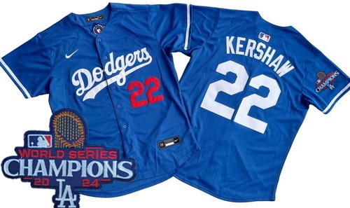 Men's Los Angeles Dodgers #22 Clayton Kershaw Blue 2024 World Series Champions Limited Jersey