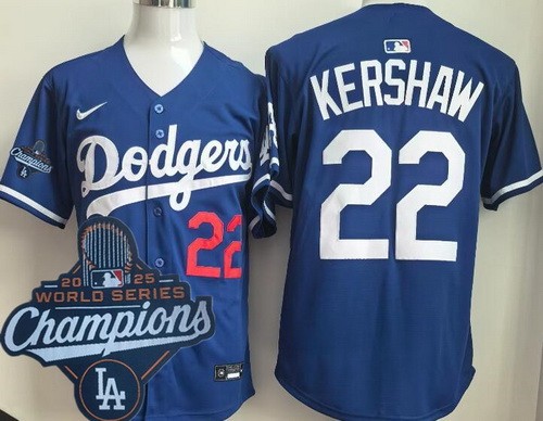 Men's Los Angeles Dodgers #22 Clayton Kershaw Blue 2025 World Series Champions Limited Jersey