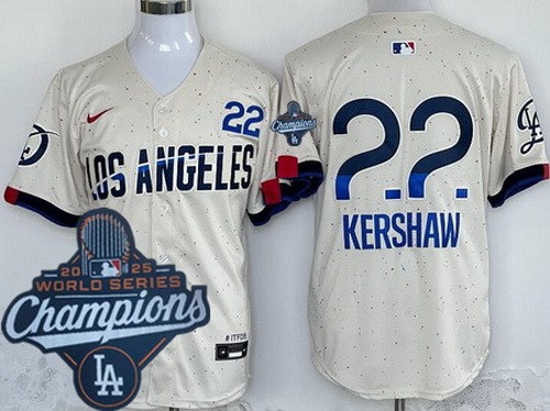 Men's Los Angeles Dodgers #22 Clayton Kershaw Cream City 2025 World Series Champions Limited Jersey