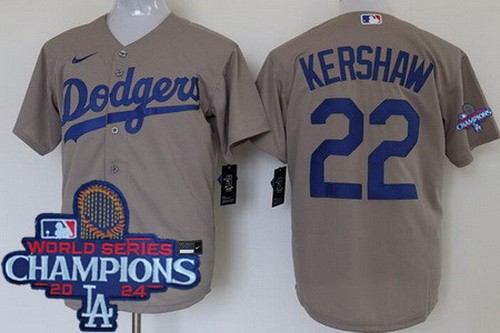 Men's Los Angeles Dodgers #22 Clayton Kershaw Gray 2024 World Series Champions Cool Base Jersey