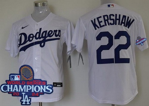 Men's Los Angeles Dodgers #22 Clayton Kershaw White 2024 World Series Champions Cool Base Jersey