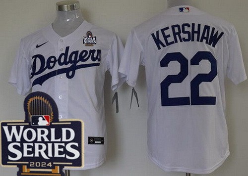 Men's Los Angeles Dodgers #22 Clayton Kershaw White 2024 World Series Cool Base Jersey
