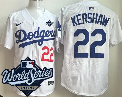 Men's Los Angeles Dodgers #22 Clayton Kershaw White 2025 World Series Limited Jersey