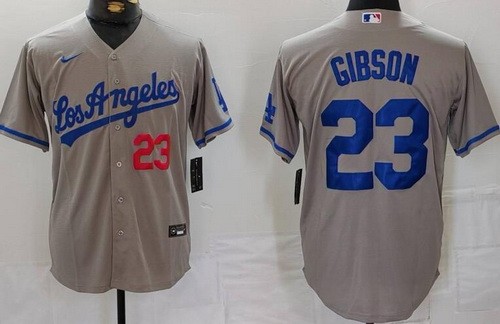 Men's Los Angeles Dodgers #23 Kirk Gibson Gray Alternate Player Numbe Team Logo Cool Base Jersey