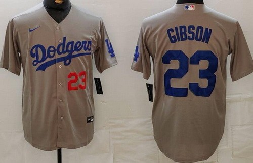 Men's Los Angeles Dodgers #23 Kirk Gibson Gray Player Numbe Team Logo Cool Base Jersey
